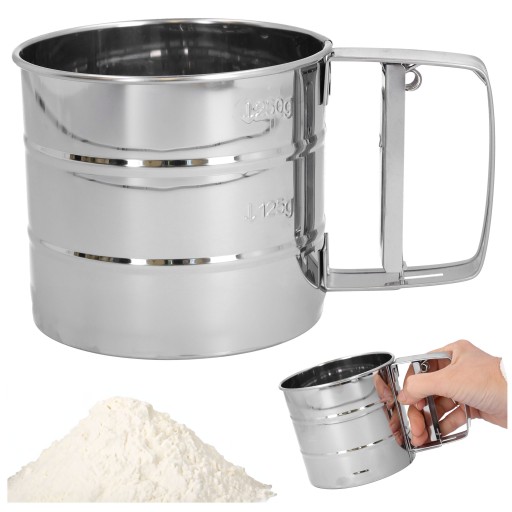 Sitko na múku, cukor, sitko, sitko, nerezový hrnček s uškom, 250g