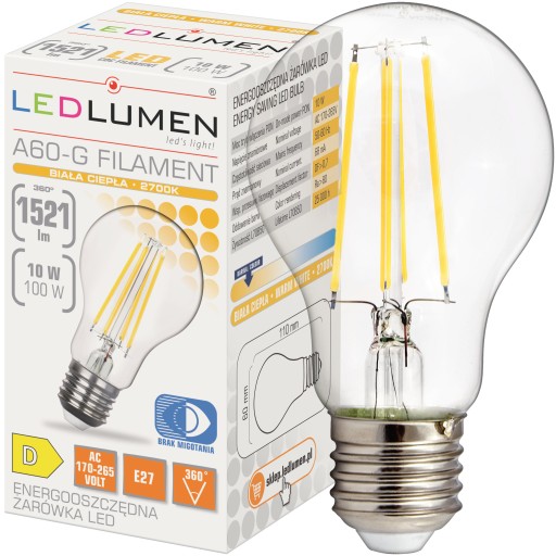 E27 A60 LED žiarovka 10W=100W Vlákno 1521lm 360° Dekoratívne Bez blikania