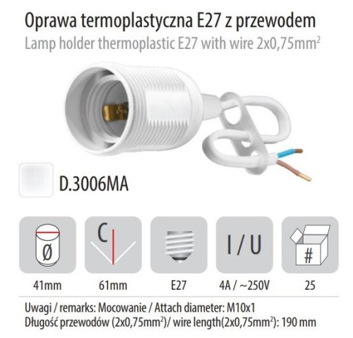 Biely držiak žiarovky E27 s káblom