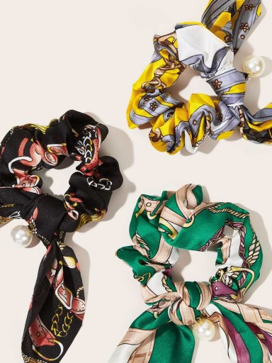 Gumička do vlasov, šatka, scrunchies, zelená mašľa, perleťové vzory