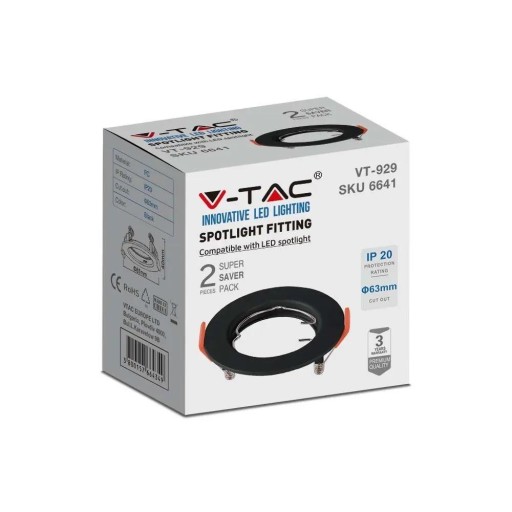 Očko V-TAC GU10 zapustené okrúhle čierne (balenie 2 ks) VT-929 3 roky Gwar