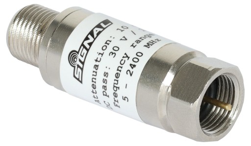 Pevný atenuátor 10dB Signál RTV/SAT 5-2400 MHz F zástrčka