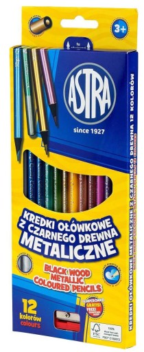 Okrúhle kovové školské ceruzky z čierneho dreva, 12 farieb, Astra