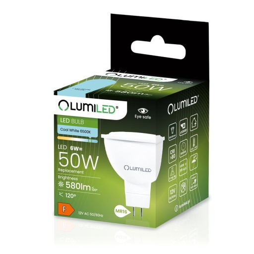 LED žiarovka MR16 6W = 50W 6500K Studená 12V 120°