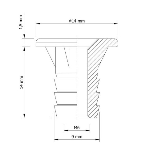 Zásuvka 10x M6 x 14 mm s golierom, tepaná nábytková vložka na drevo, nožičky
