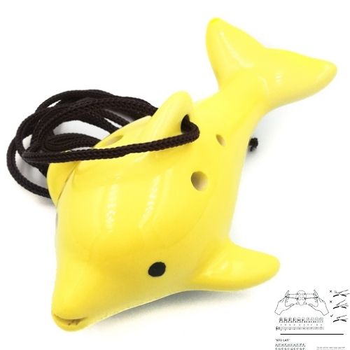 mini OKARYNA, keramika, žltá, delfín, 6 jamiek, noty - flauta okarína