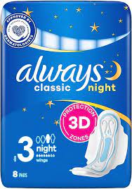 Hygienické vložky Always Classic 3 Night s 3D krídelkami, 8 ks