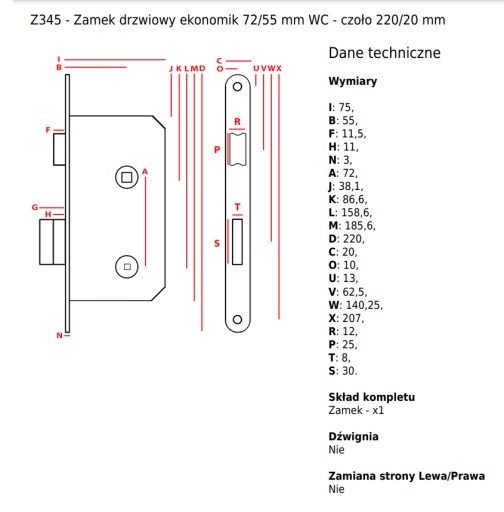JANIA Zámok na dvere 72/55 mm WC - predný 220/20 mm strieborný ľavá strana