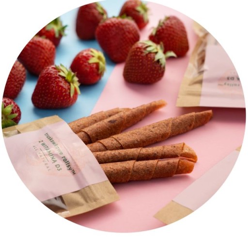 Jahodové rolky obohatené o vitamín D3, ovocný vitamínový snack, 50g