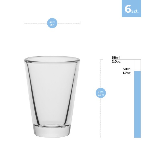 Sklenené poháre na Tequila Vodka Shots SET 6x58ml VEĽKÝ poľský výrobok