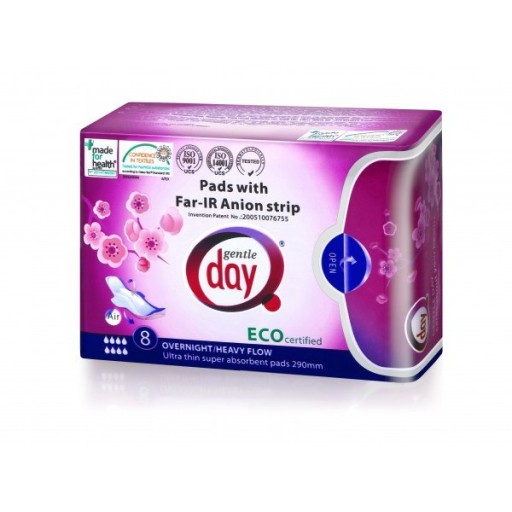 Hygienické vložky Gentle Day Pads na noc s eko aniónovým prúžkom, 8 ks