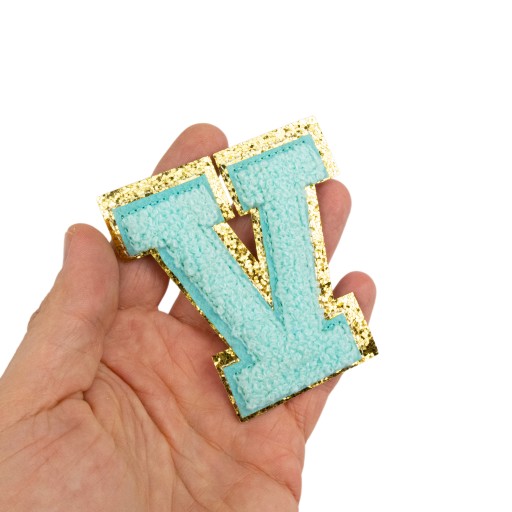 PATCH LETTER V, veľká aplikácia, trblietky, azúrové písmo