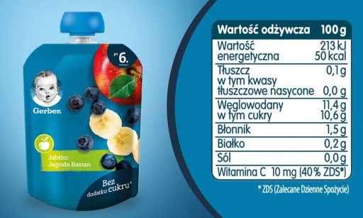 GERBER dezert v tube, jablko, čučoriedka, banán, 80g