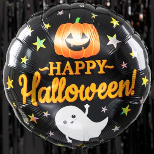 HALLOWEENSKÝ FÓLIOVÝ BALÓN, okrúhly, ČIERNA, TEKVICA HAPPY, DUCH, NÁVOD, 45 cm