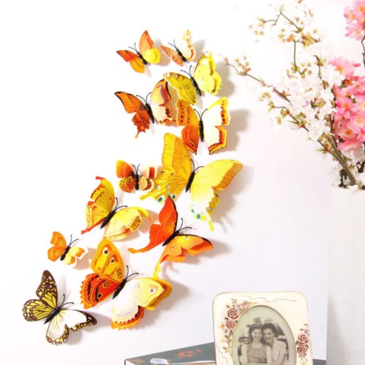 3D Nálepky na stenu Motýle Motýle Double Yellow Decoration Sada 12 ks.