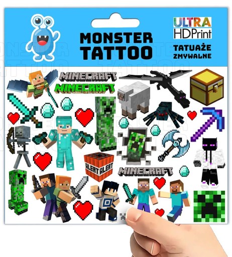UMÝVAJÚCE DOČASNÉ TETOVANIE PRE DETSKÉ DETSKÉ MINECRAFT ORIGINÁLNE VZORKY