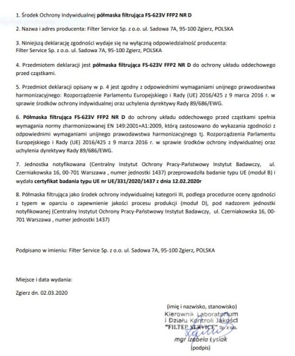 Certifikát proti prachu FFP2 POĽSKO