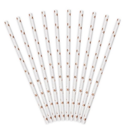biele papierové slamky ROSEGOLD STARS 10 ks
