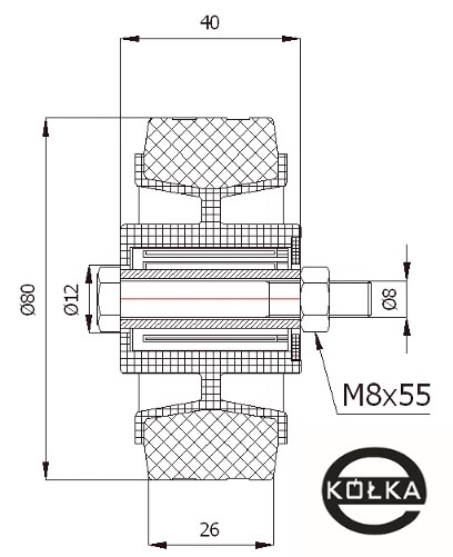 Plastové a gumené koliesko fi. 80 mm, montážna sada M8x55, skrutka, objímka