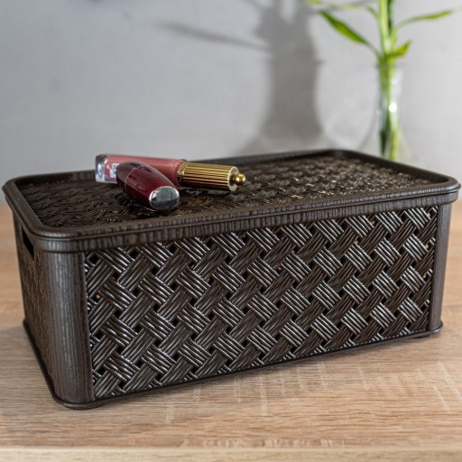 Plastová nádoba na organizér košov Arianna s vekom, hnedá, 29x16,6 cm