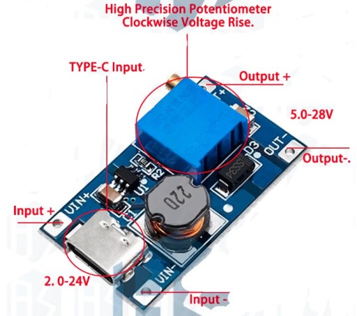Step-up prevodník MT3608 USB-C 5-28V 2A