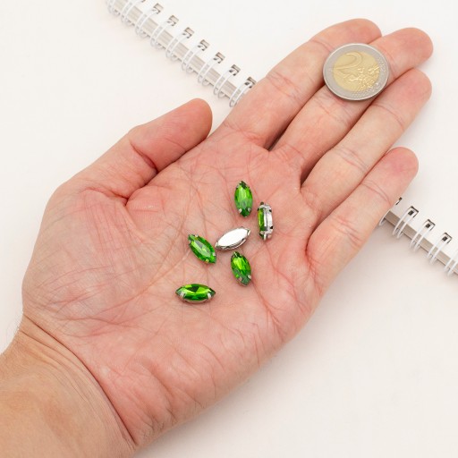 Štrasové kamienky na šitie v košíku, sklo a mosadz, konské oko 15x7mm, 10ks