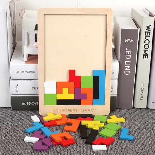 DREVENÉ BLOKY TETRIS PUZZLE 40 ELEM TANGRAM LOGICKÁ HERNÁ SADA