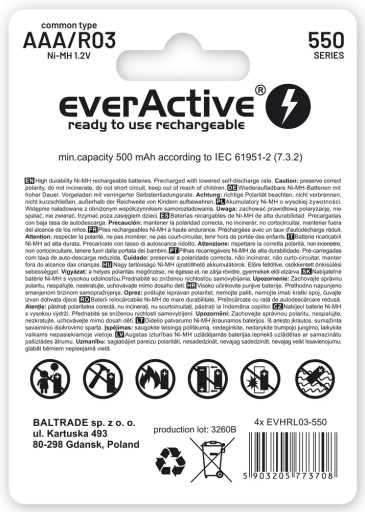 4x NABÍJACIE BATÉRIE NI-MH EVERACTIVE R3 AAA 550mAh pre SOLÁRNE LAMPY