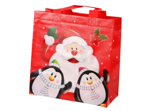 Červená darčeková taška Santa a Penguins 22 cm x 22 cm x 11 cm