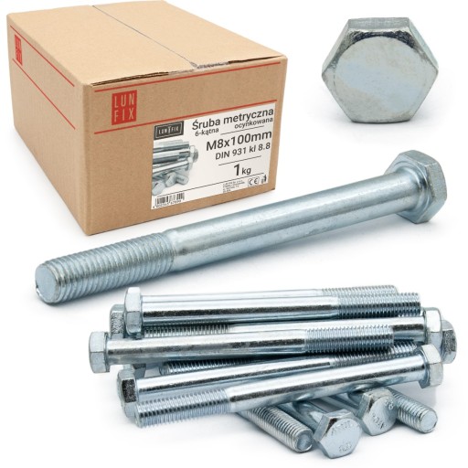 M8x100 Skrutka metrická šesťhranná DIN 931, pozinkovaná, s kľúčom, trieda 8.8, 1 kg