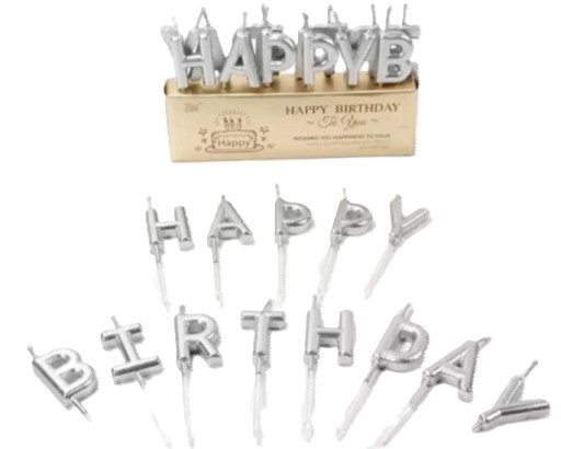 strieborné narodeninové tortové sviečky, nápis HAPPY BIRTHDAY
