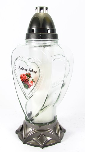 Sklenená srdcová sviečka s nápisom We love - Spomíname, veľký lampáš, 31 cm