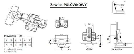 Sevroll Jednoduchý polovičný pánt, tiché zatváranie
