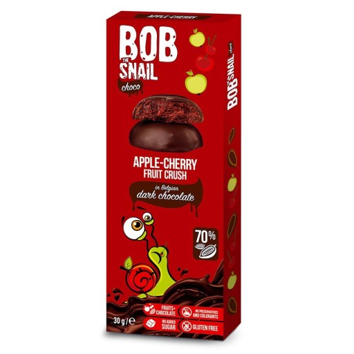 Bob Snail Snack jablková čerešňa v tmavej čokoláde, bez cukru, bez lepku