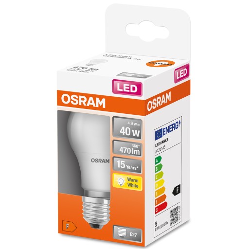 E27 LED žiarovka 4,9W 40W 470lm 2700K Teplá OSRAM