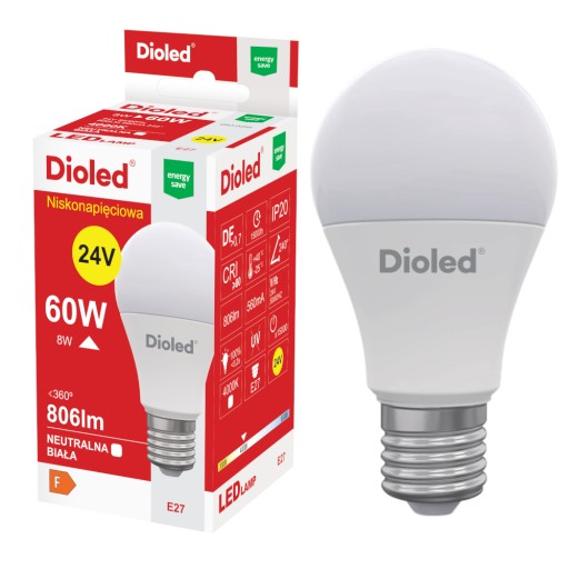 E27 LED žiarovka 8W 4000K 806lm 24V nízke napätie