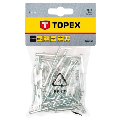 TOPEX Hliníkové nity 4,8 x 8,0 mm, 50 ks.