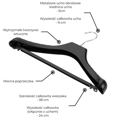 Závesný vešiak s priečkou na bundy a kabáty 38 cm - sada 5 kusov