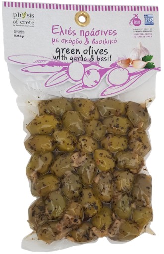 Grécke olivy bez kôstok, cesnak, bazalka, 250g