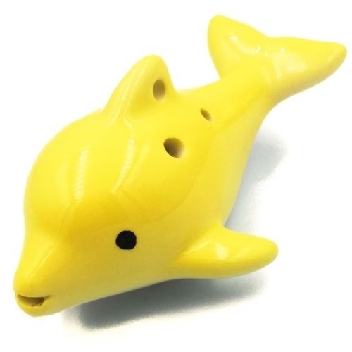 mini OKARYNA, keramika, žltá, delfín, 6 jamiek, noty - flauta okarína