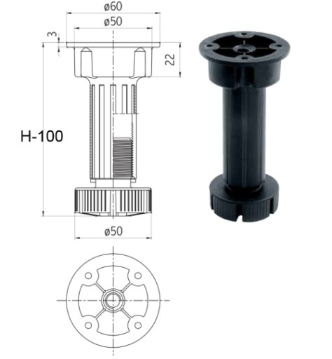 Nábytková noha H-100 Volpato, nosnosť 400kg, Sada 4 kusov