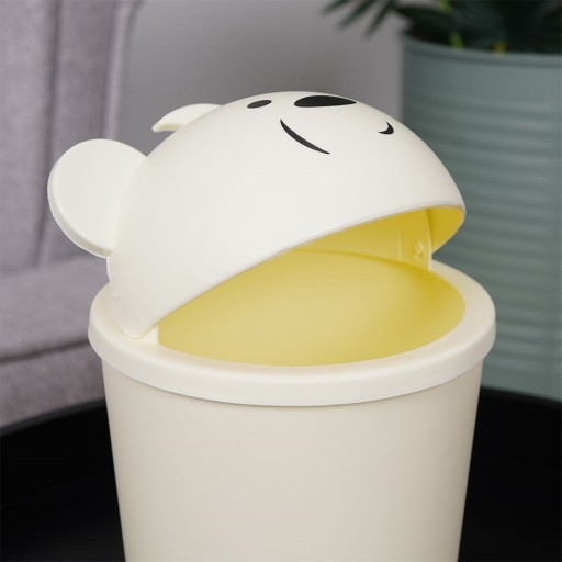 Odpadkový kôš s medvedíkom, mini, malý, stolný kúpeľňový kôš, biely, 1,5L