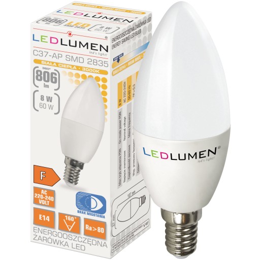 E14 LED žiarovka SVIEČKA 8W=60W 806lm 160° Úspora energie bez blikania