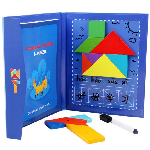 Kniha Tangram Drevené puzzle Magnetické bloky Montessori EDU