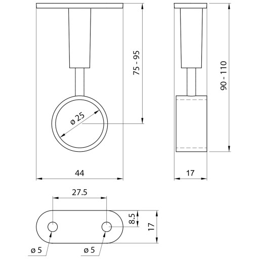 Priechodný dištančný držiak pre 25mm rúrku - chróm