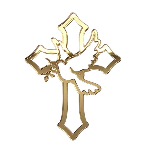 Topper DECOR na sväté prijímanie zlatý CROSS prelamovaný KRÍŽ s holubičím zlatým zrkadlom