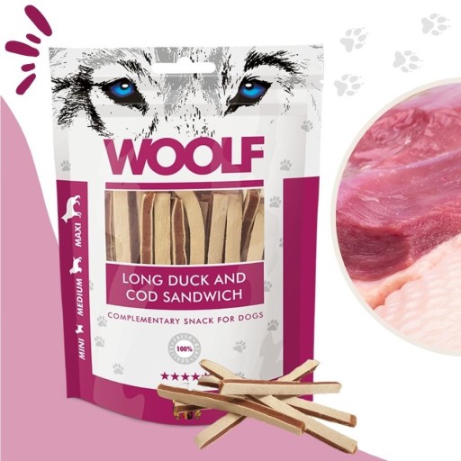 WOOLF prírodná pochúťka dlhé sendviče s kačicou a treskou 100g