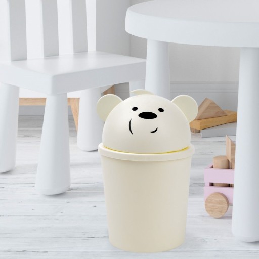 Odpadkový kôš s medvedíkom, mini, malý, stolný kúpeľňový kôš, biely, 1,5L