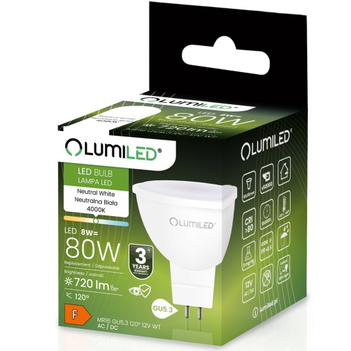 GU5.3 MR16 LED žiarovka 8W = 80W 720lm 4000K Neutrál 120° 12V LUMILED