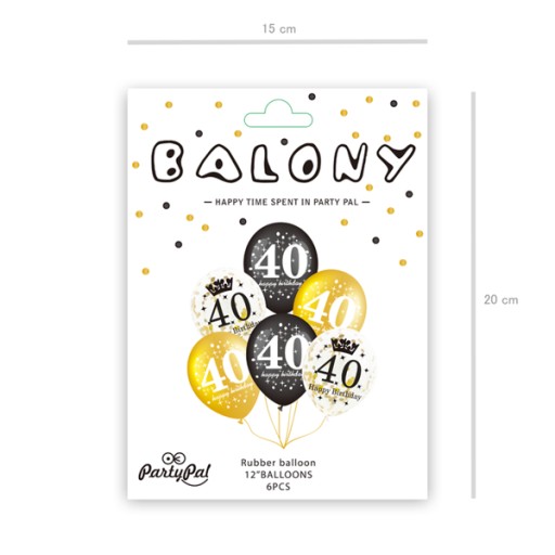 Balóny k 40. narodeninám, zlaté, čierne, 30 cm, 6 ks.